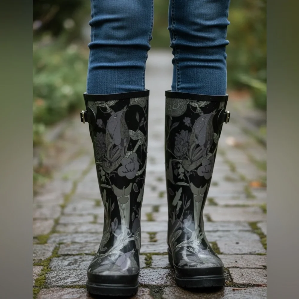 The SAK women’s‎ Rain Boots Size 7 Black Gray Nature Graphic Tall Waterproof